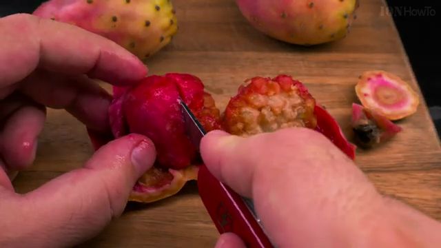Peeling the thick skin away from cactus fruit flesh